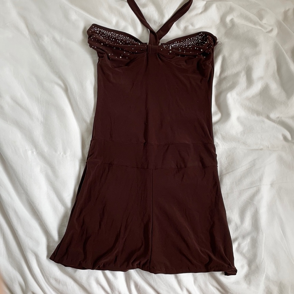 Strapless Halter Brown Dress with Embellished Bust